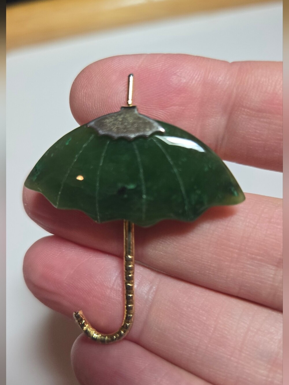 BC Jade Umbrella Brooch - Gold Tone Accent